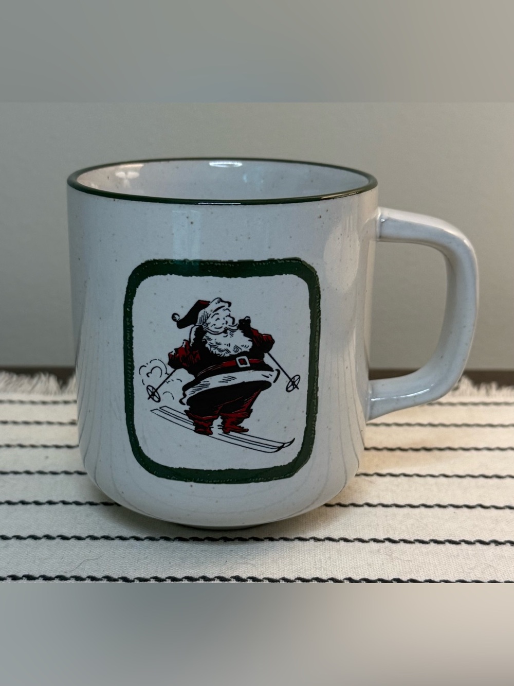 Hearth & Hand White Ceramic Santa Skiing Mug with Green Trim